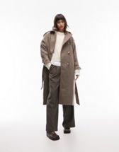 Monki belted wool blend double breasted coat in brown melange | ASOS