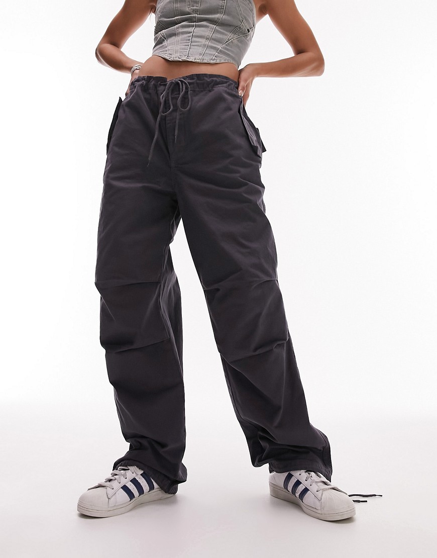 Topshop super oversized cotton parachute cargo pants in charcoal-Grey