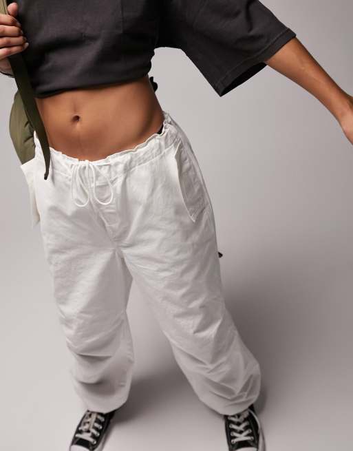 Topshop super oversized cotton parachute cargo pants in ecru