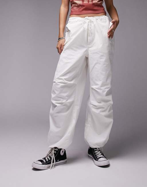 Girls White Cotton Parachute Cargo Cuffed Trousers