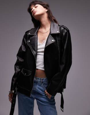 super oversized faux leather biker jacket in black