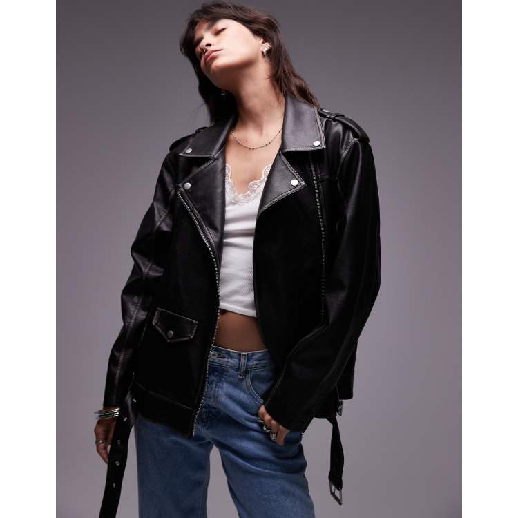 Topshop super oversized faux leather biker jacket in black ASOS