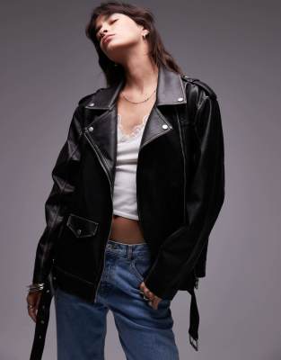 Topshop Super Oversized Faux Leather Biker Jacket In Black-green