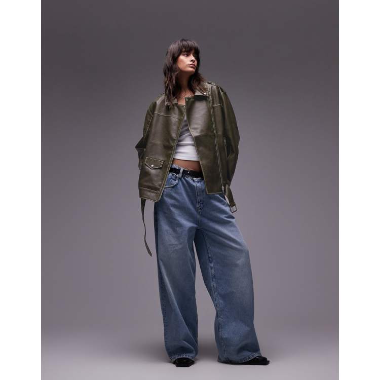 Topshop super oversized faux leather biker jacket in washed green