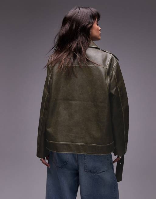 Topshop Super Oversized Faux Leather Biker Jacket in Washed Green