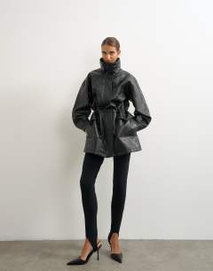Model wearing Super oversized faux leather cinch waist funnel neck jacket in black
