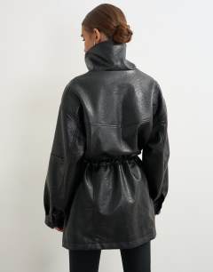Model wearing Super oversized faux leather cinch waist funnel neck jacket in black