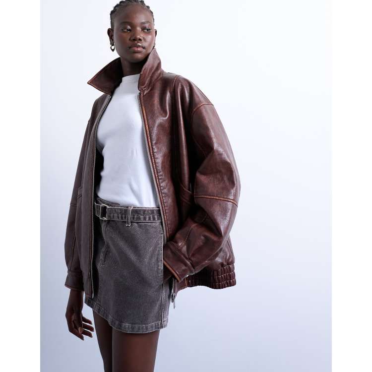 Topshop super oversized faux leather contrast heavy wash bomber
