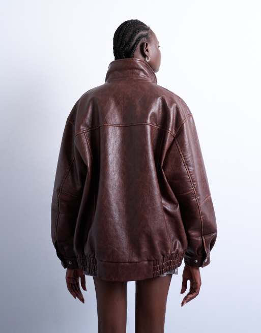 Topshop super oversized faux leather contrast heavy wash bomber jacket in brown
