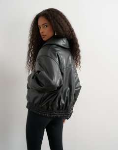 Model wearing Super oversized faux leather shawl collar bomber jacket in black