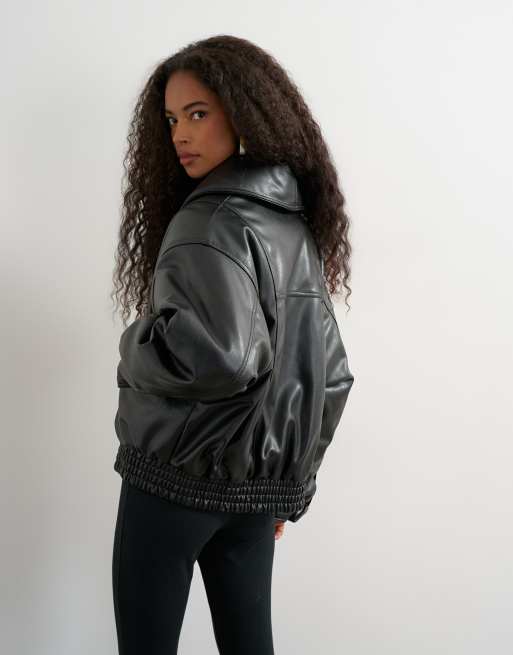 Topshop super oversized faux leather shawl collar bomber jacket in black, 2 of 4