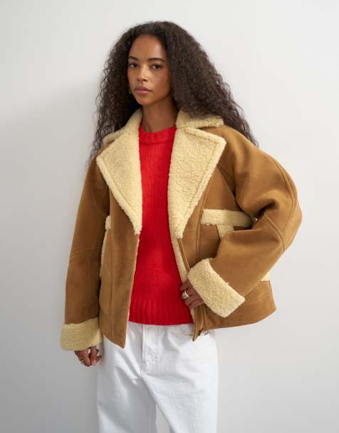 Topshop super oversized faux shearling short jacket in beige - view 1