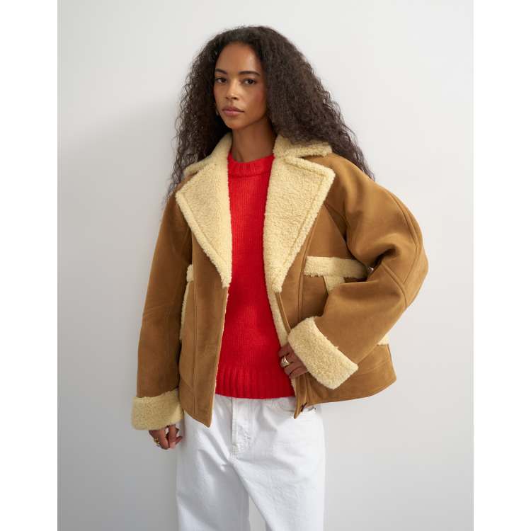 Topshop super oversized faux shearling short jacket in beige | ASOS