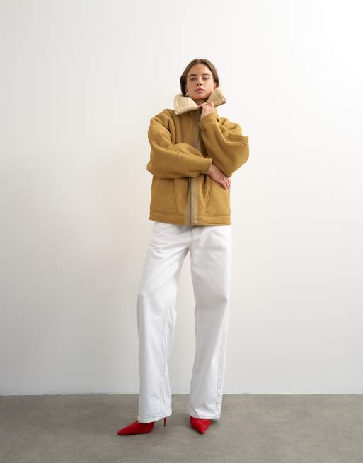 Topshop super oversized ovale jas van imitatiebont in lichtbruin, 2 van 4