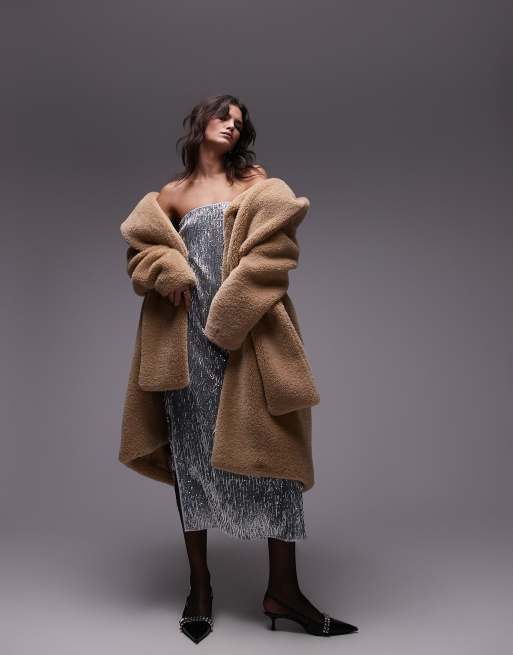 Topshop super oversized statement borg coat with hooded scarf in brown