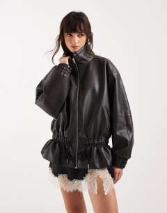 Super oversized toggle waist leather look funnel zip through jacket in black