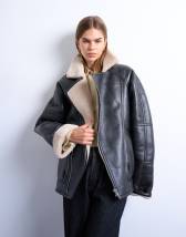 Topshop super oversized vintage wash shearling aviator bomber in black