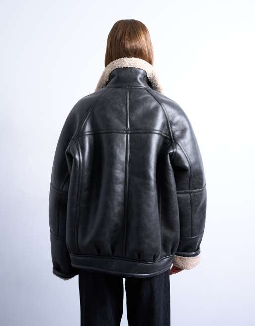 Topshop vintage wash faux shearling aviator bomber jacket in black