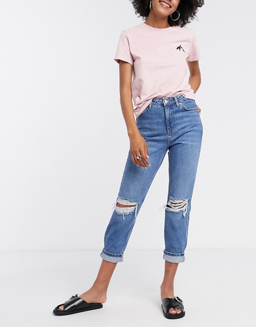 Topshop super-rip recycled cotton dad jeans in mid blue