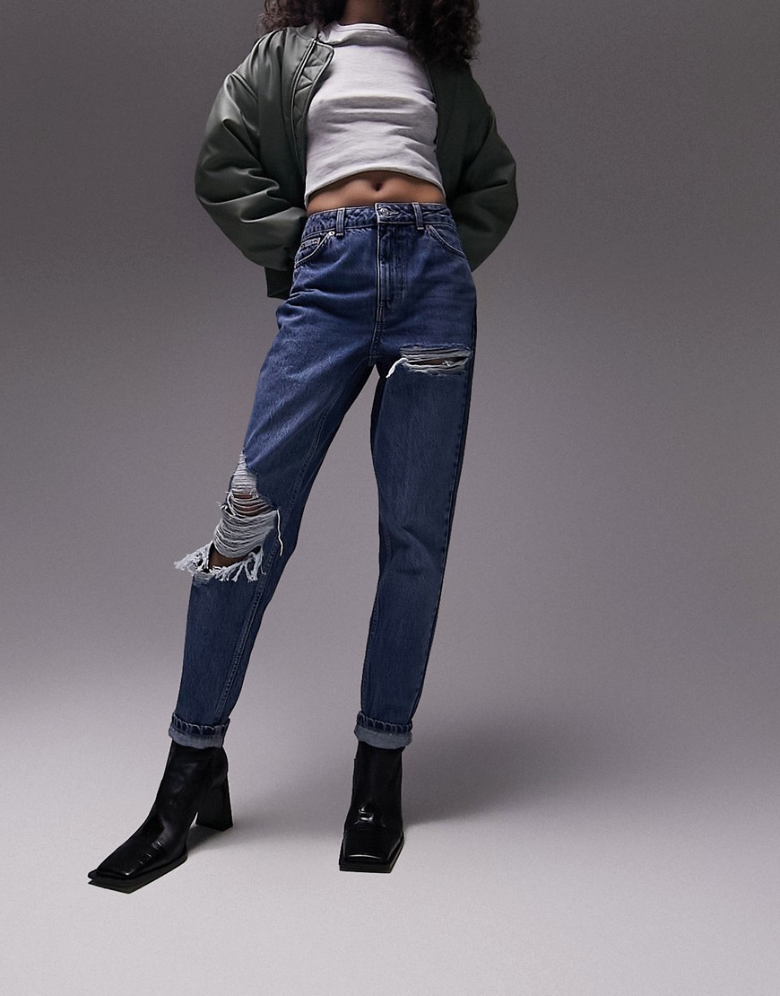Topshop Super Rip Mom Jeans In Mid Blue