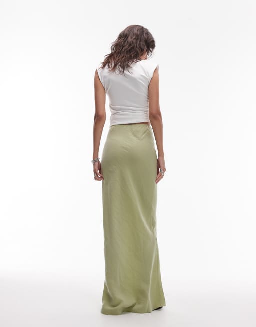 Topshop super soft cupro bias cut maxi skirt in olive, 2 of 5