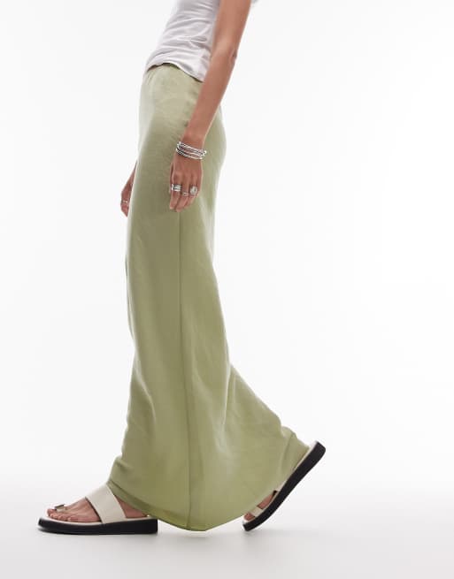 Topshop super soft cupro bias cut maxi skirt in olive, 4 of 5
