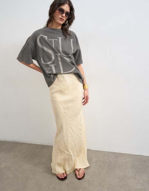 Topshop super soft cupro bias midi skirt in buttermilk, 2 of 5