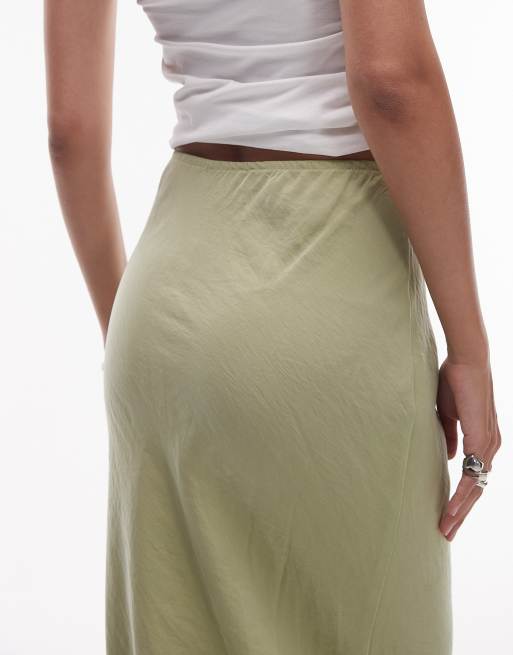 Topshop super soft cupro bias midi skirt in olive, 5 of 5