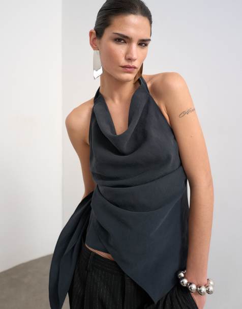 Topshop super soft cupro halter neck in black - view 1