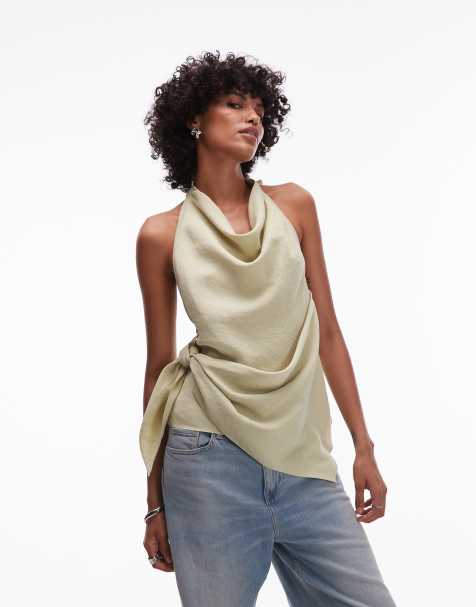 Topshop super soft cupro halter neck top in olive - view 1