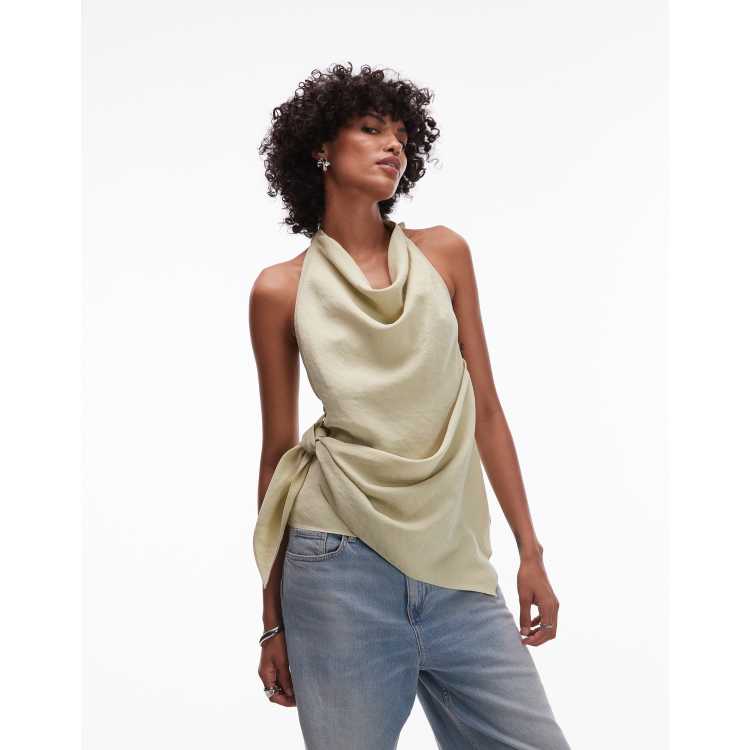 Topshop super soft cupro halter neck top in olive | ASOS