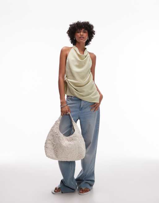 Topshop super soft cupro halter neck top in olive
