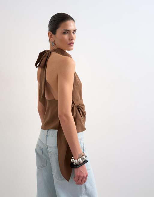 Topshop super soft cupro halterneck in chocolate, 4 of 4