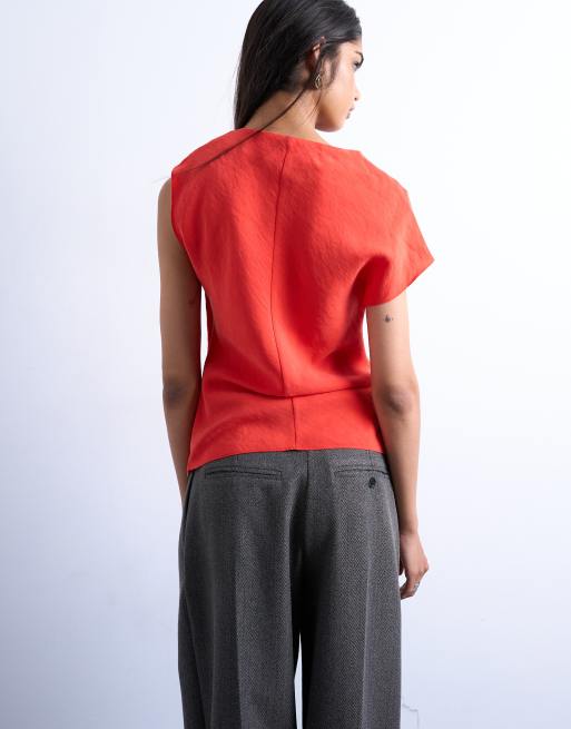 Topshop super soft cupro knot detail top in red, 4 of 4