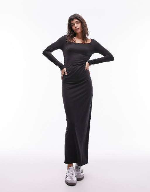 Topshop super soft cupro long sleeve midi dress in charcoal