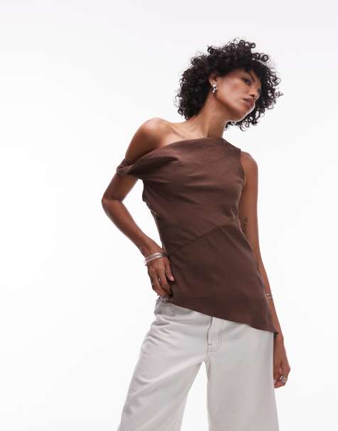 Topshop super soft cupro twist detail assymetric top in brown - view 1