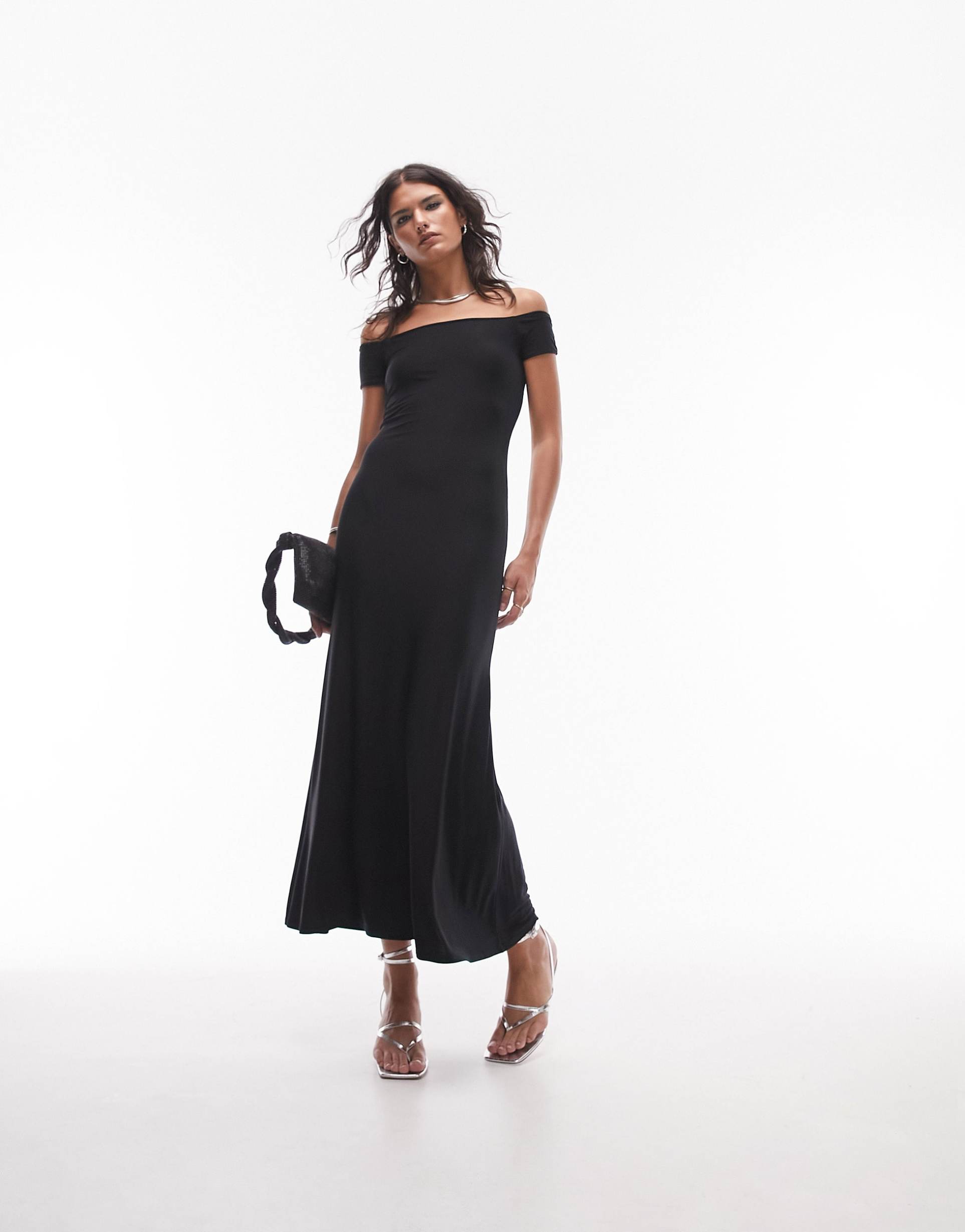 topshop super soft shaping bardot maxi dress in black