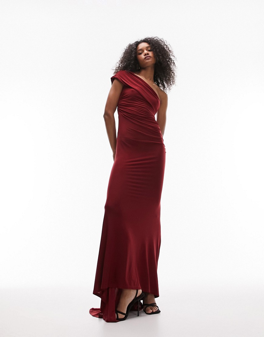 Topshop super soft shaping draped one shoulder maxi dress in red