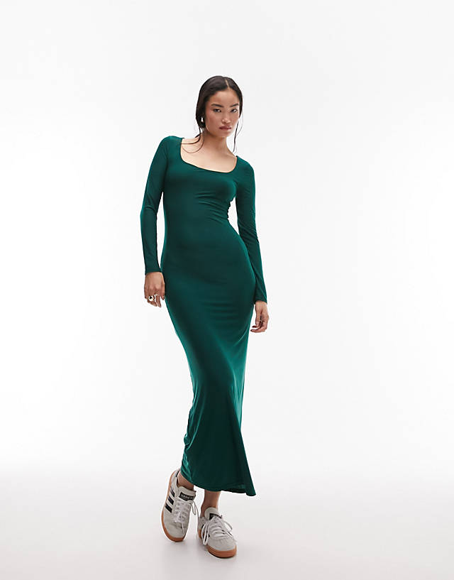 Topshop - super soft shaping long sleeve midi dress in bottle green