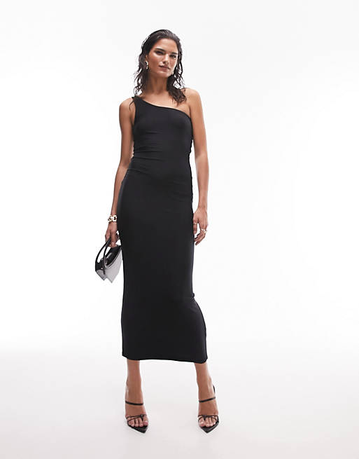Topshop super soft shaping one shoulder slip dress in black | ASOS