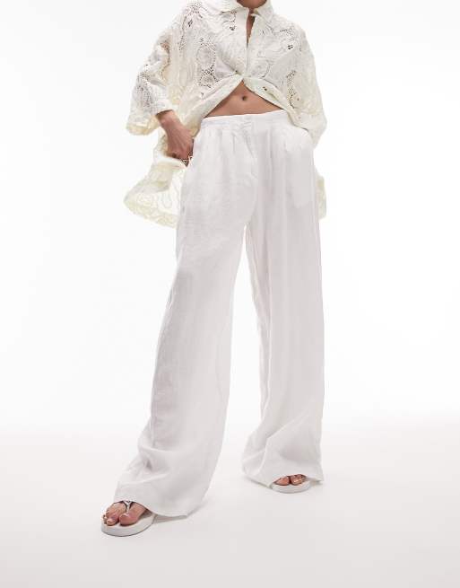 Topshop super wide leg pleated linen pants in white, 2 of 4