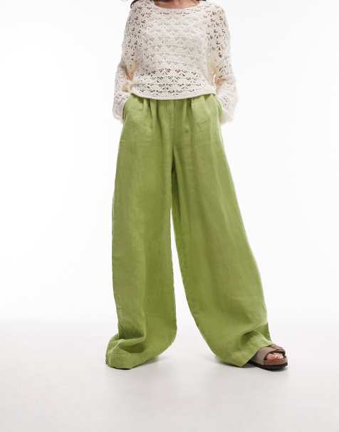 Topshop super wide leg pleated linen trouser in pop green - view 1