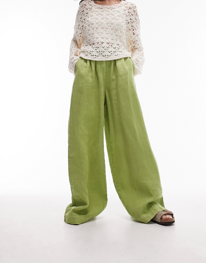 Topshop super wide leg pleated linen trouser in pop green