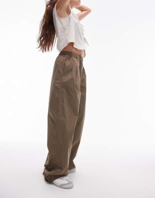 Topshop Super Wide Leg Pleated Poplin Pants In Khaki-green