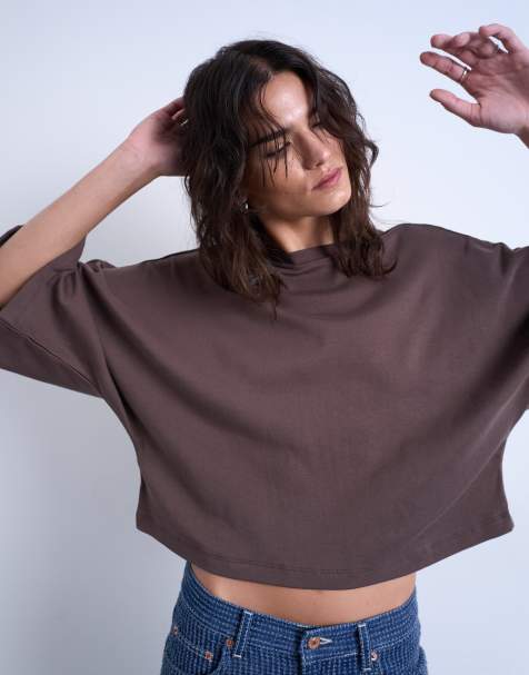 Topshop super wide sleeve tee in chocolate