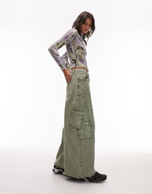 Topshop super wide washed skate cargo pants in khaki