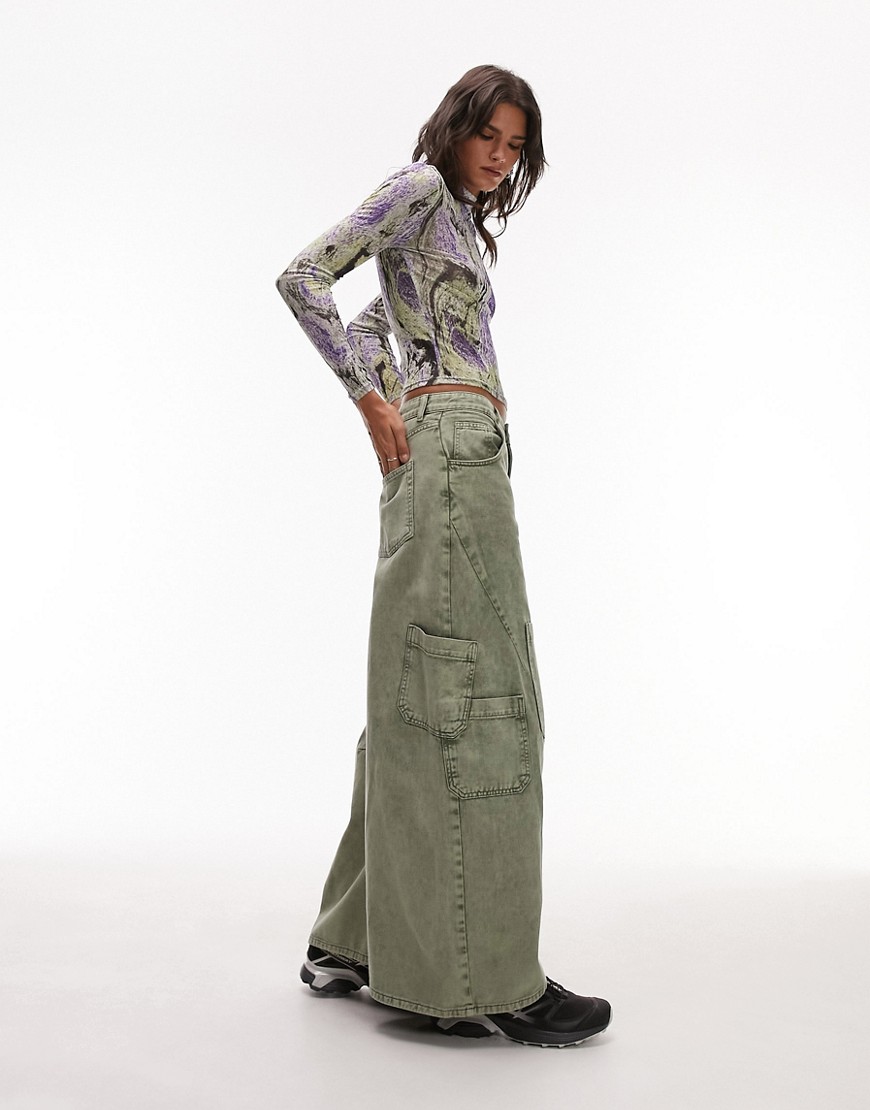 Topshop super wide washed skate cargo trouser in khaki-Green