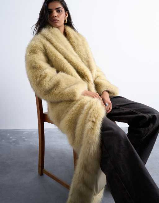 Topshop - Superlange oversized jas van imitatiebont met kraag in lichtgeel, 2 van 4