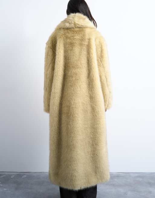 Topshop - Superlange oversized jas van imitatiebont met kraag in lichtgeel, 4 van 4