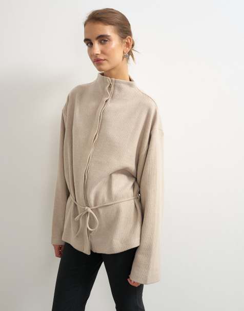 Topshop supersoft button down tie detail jacket in oat - view 1